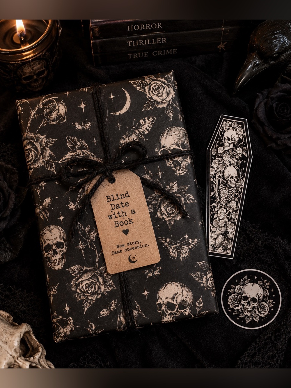 Gothic Skull & Rose Gift Wrap - Black and Cream